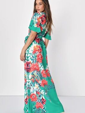 Lulu's Green Maxi Dress with Coral Floral Print